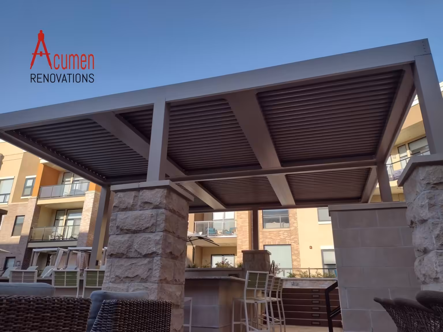 Underside of a six-zone Struxure louvered pergola installed in Kansas City