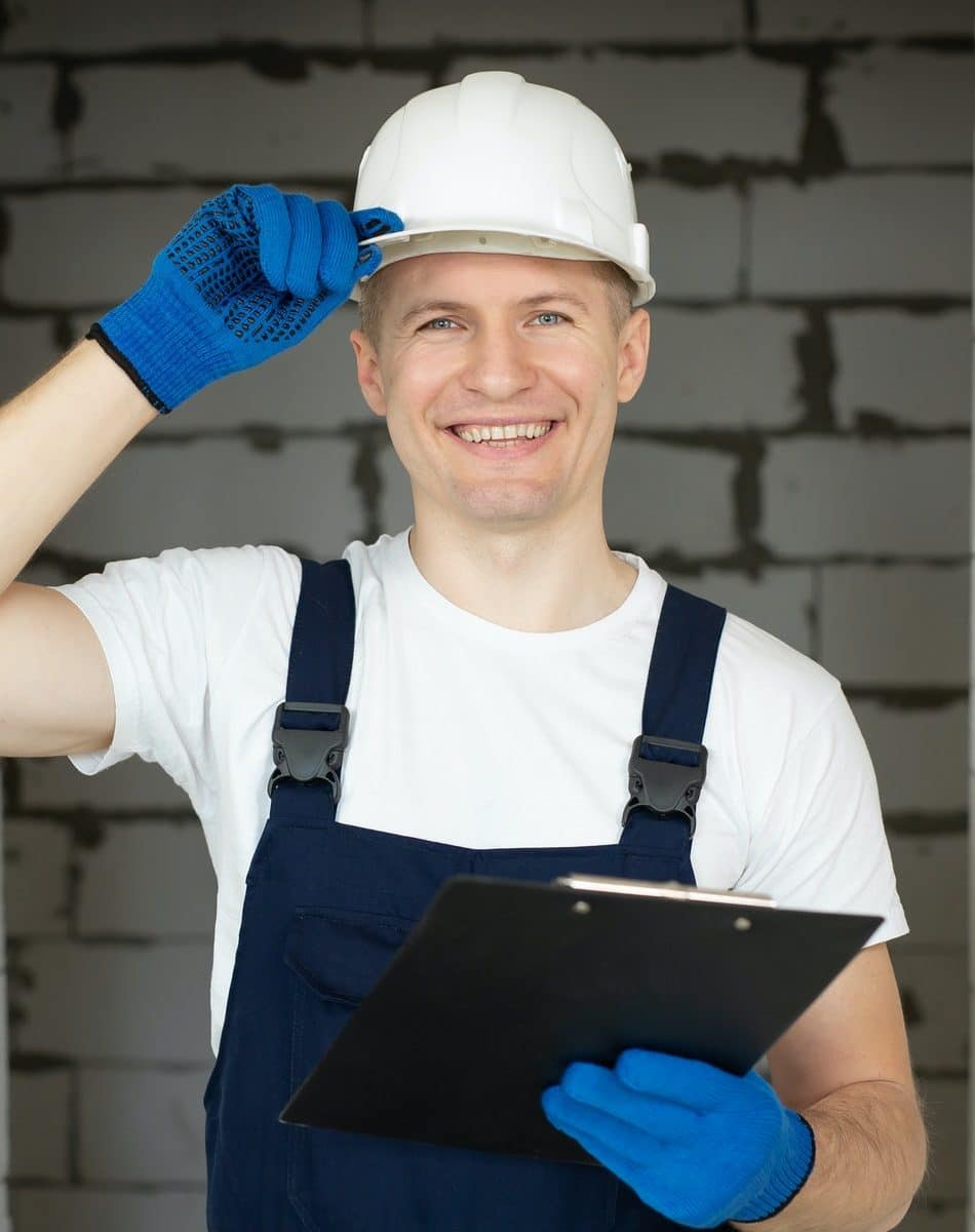 portrait of a man working on site with bricks on the background